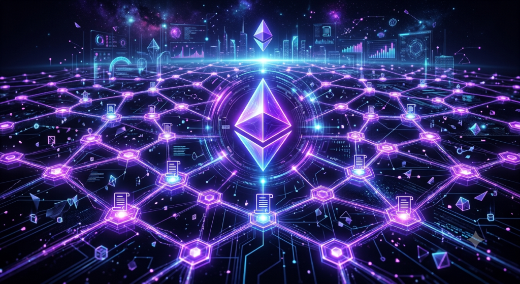 Ilustrasi jaringan blockchain Ethereum dengan konsep smart contract