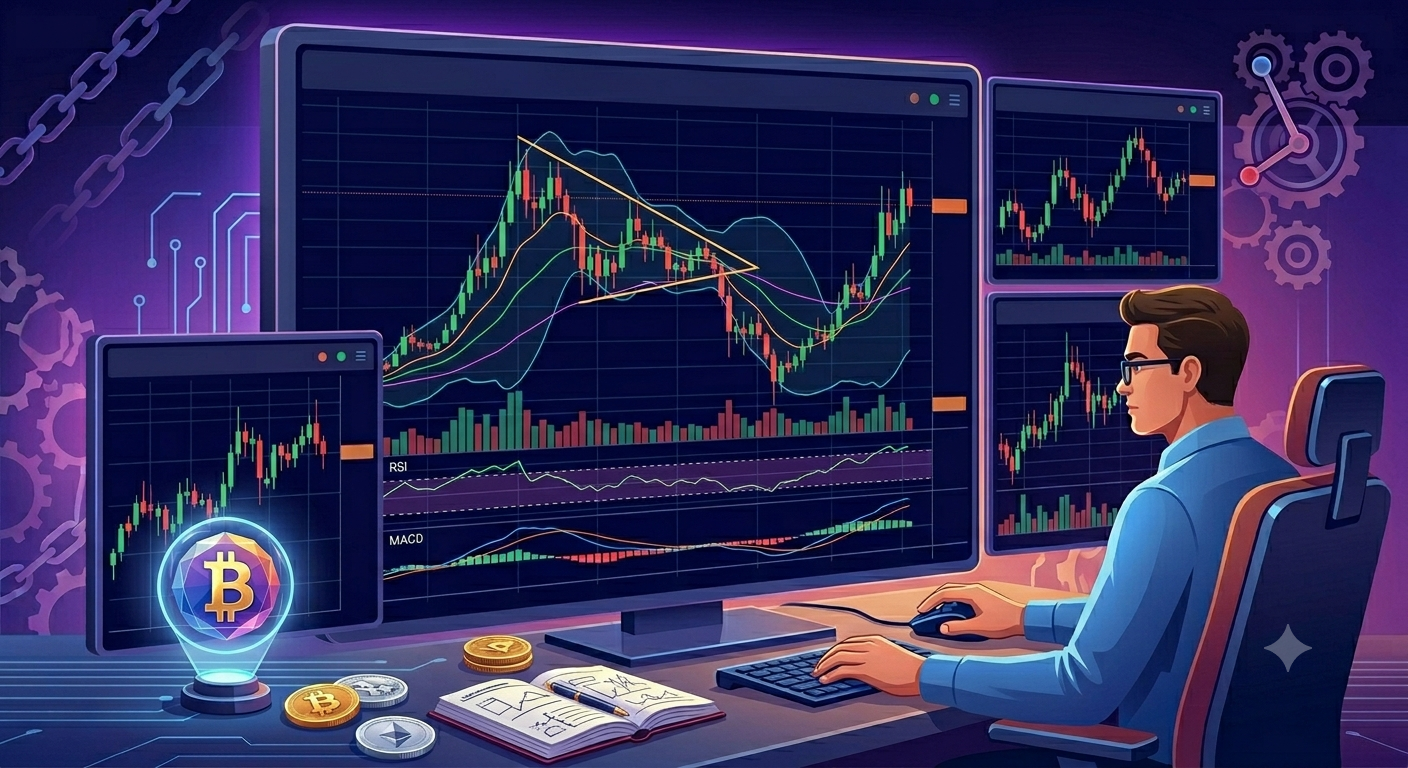 Ilustrasi grafik candlestick cryptocurrency untuk analisis trading