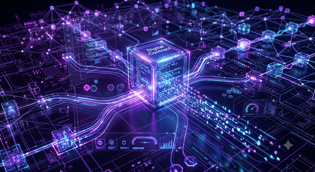 Ilustrasi smart contract yang berjalan otomatis di jaringan Ethereum