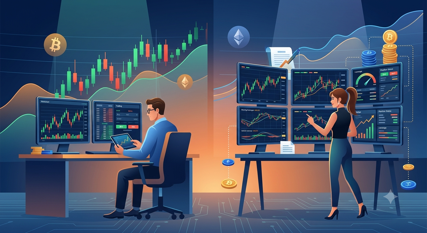 Ilustrasi perbandingan spot trading dan futures trading cryptocurrency