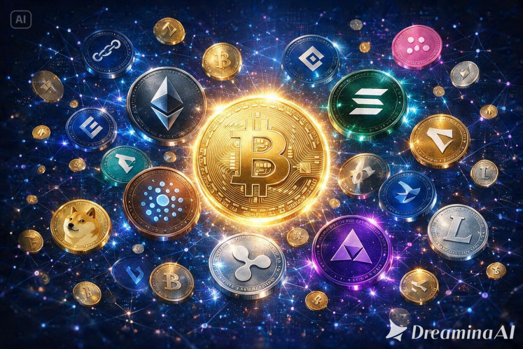 Ilustrasi berbagai altcoin selain Bitcoin dalam ekosistem cryptocurrency.