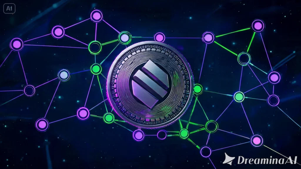 Ilustrasi blockchain Solana dan cryptocurrency SOL.