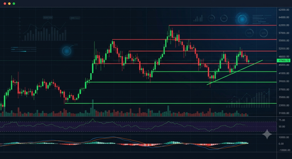 Ilustrasi support dan resistance pada chart cryptocurrency